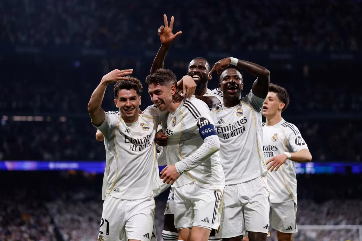 Real Madrid players celebrating together